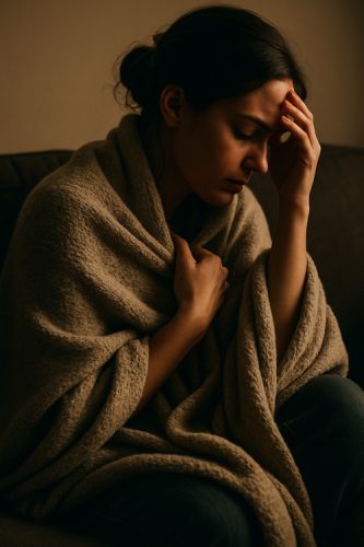 En person sitter på en sofa innpakket i et varmt teppe, med hånd mot panna, og uttrykker indre uro og behov for en pause.