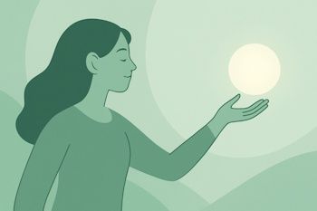 Illustrasjon av kvinne som rekker ut hånden mot lys, symbol på invitasjon og påmelding