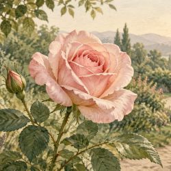 Illustrasjon av en rosa rose ved en svingende hagesti i varmt morgenlys.