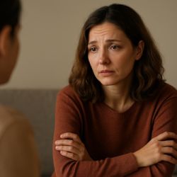 Kvinne deler følelser i samtale, symbol på å overvinne skam gjennom åpenhet