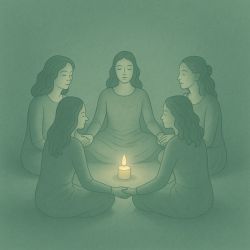 Kvinnesirkel med kvinner sittende i ring rundt levende lys, symbol på samhørighet og spirituell nærvær