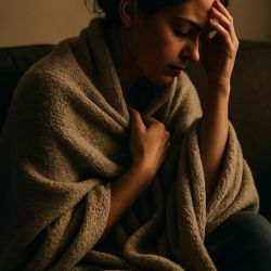 En person sitter på en sofa innpakket i et varmt teppe, med hånd mot panna, og uttrykker indre uro og behov for en pause.