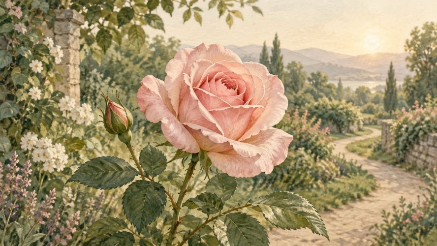 Illustrasjon av en rosa rose ved en svingende hagesti i varmt morgenlys.